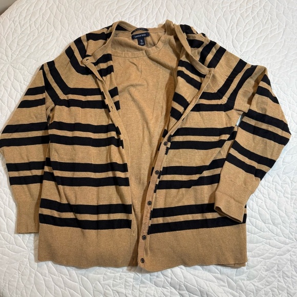 2x1 Lands' End (Size XL) Black & Tan Striped 100% Suprima Cotton Button Cardigan - Picture 7 of 16